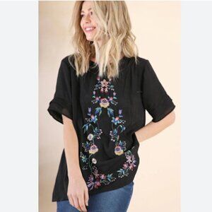 UMGEE Tell The Tale Embroidered Swing Gauzy Top Boho Flowers Floral S Embroider